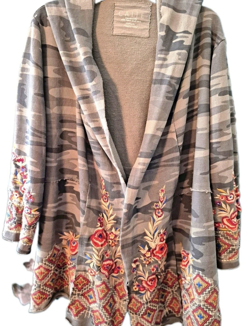 Heavy Embroidered Handmade Camouflage Shawl Collar Hooded Cardigan